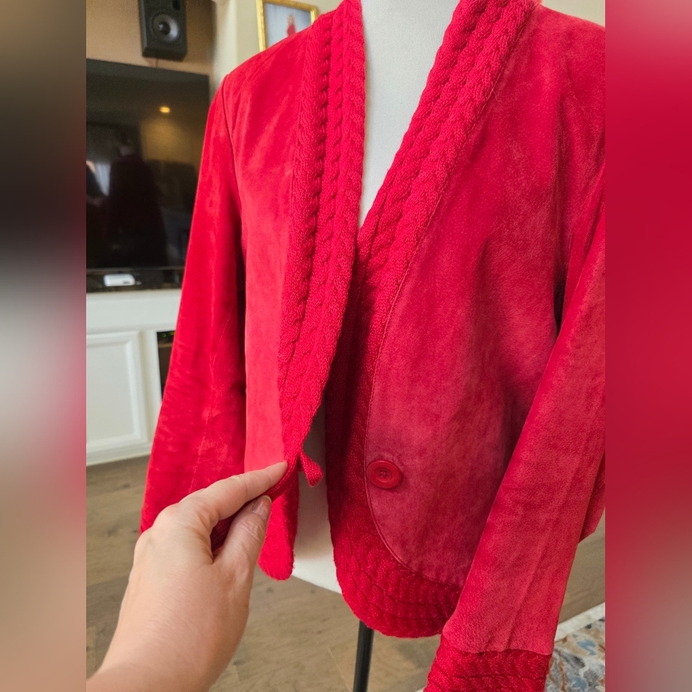 Coldwater Creek Red Suede Leather Cable Knit Jacket Size Large L - Picture 15 of 16